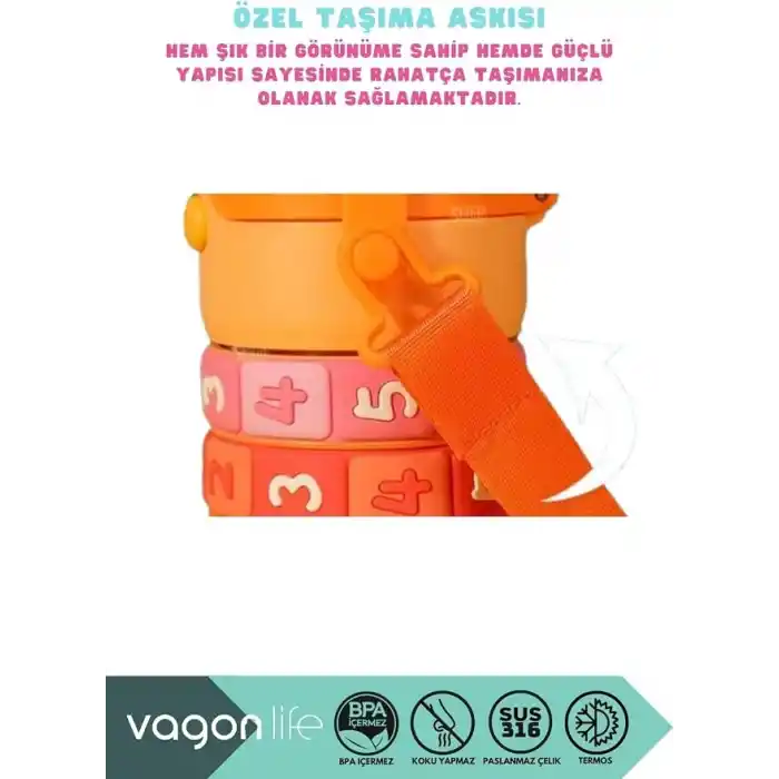 Vagonlife 430ml Sevimli Kulaklı Eğitici Matematik Çevirmeli Oyunlu Pipetli Askılı Kulplu Çocuk Çelik Termos (Yeşil)