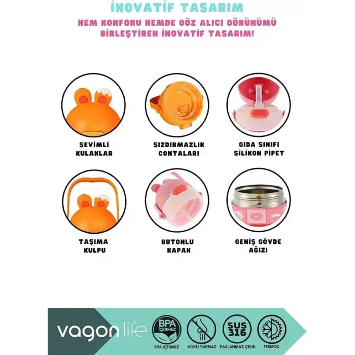 Vagonlife 430ml Sevimli Kulaklı Eğitici Matematik Çevirmeli Oyunlu Pipetli Askılı Kulplu Çocuk Çelik Termos (Yeşil)