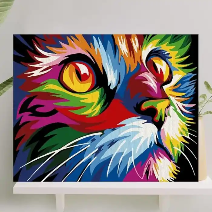 Palmiye Hobi Sanat Sayılarla Boyama Tuval Seti Fırça Boya Dahil (Çıtalı) 40x50 CM - Renkli Kedi