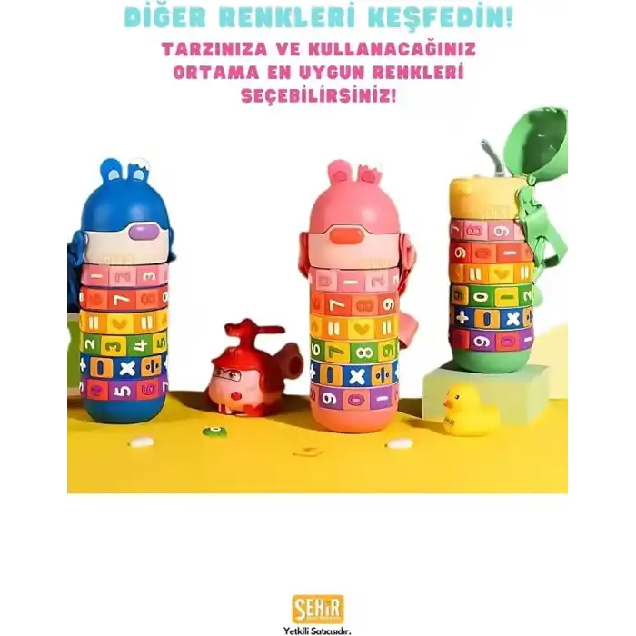 Vagonlife 430ml Sevimli Kulaklı Eğitici Matematik Çevirmeli Oyunlu Pipetli Askılı Kulplu Çocuk Çelik Termos (Yeşil)