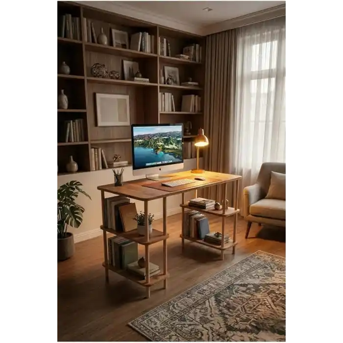 Kitaplıklı Bilgisayar Masası Raflı Çalışma Masası Modern Dekoratif Ofis Mobilyası Atlantik Çam