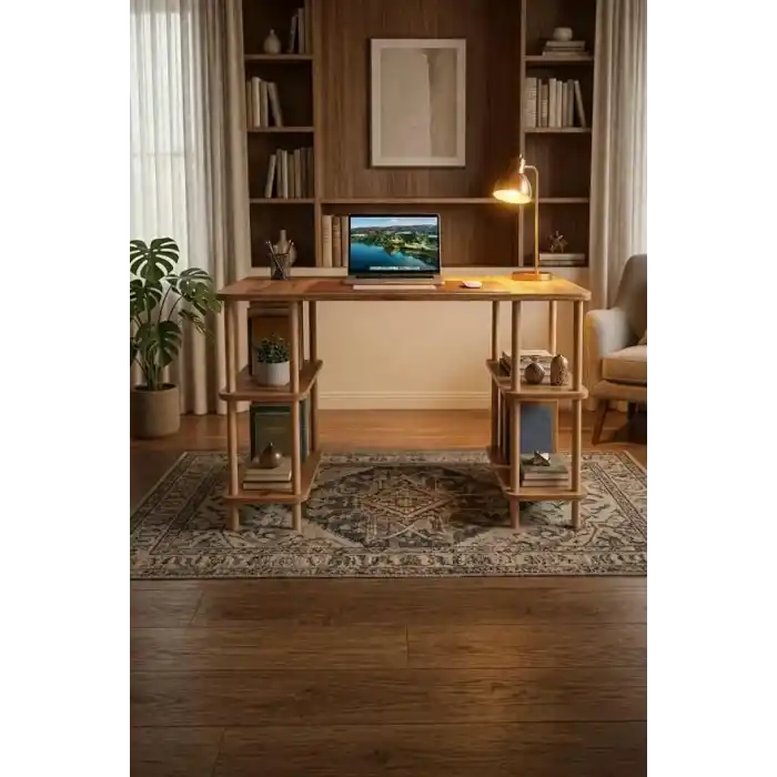 Kitaplıklı Bilgisayar Masası Raflı Çalışma Masası Modern Dekoratif Ofis Mobilyası Atlantik Çam