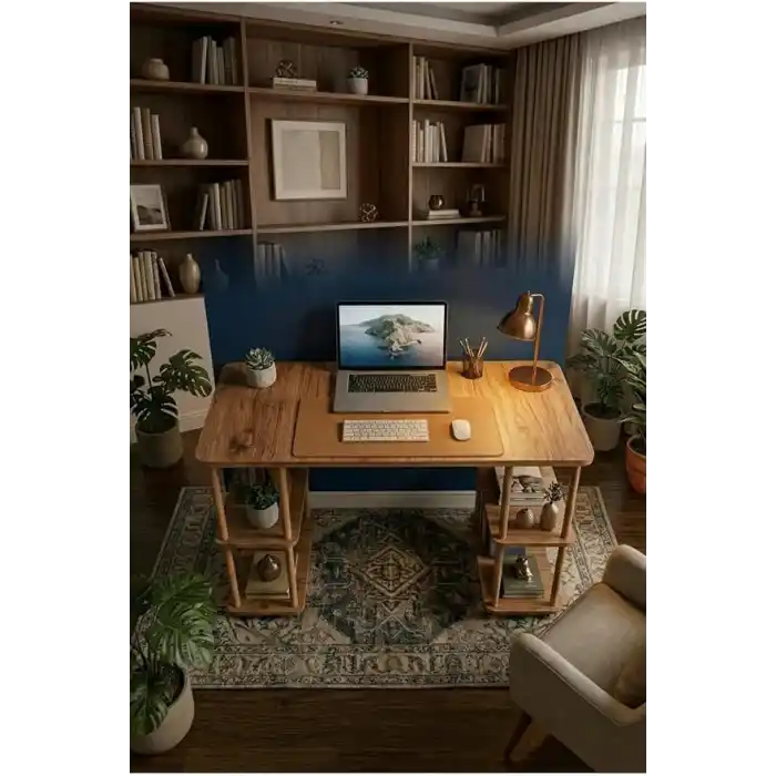 Kitaplıklı Bilgisayar Masası Raflı Çalışma Masası Modern Dekoratif Ofis Mobilyası Atlantik Çam