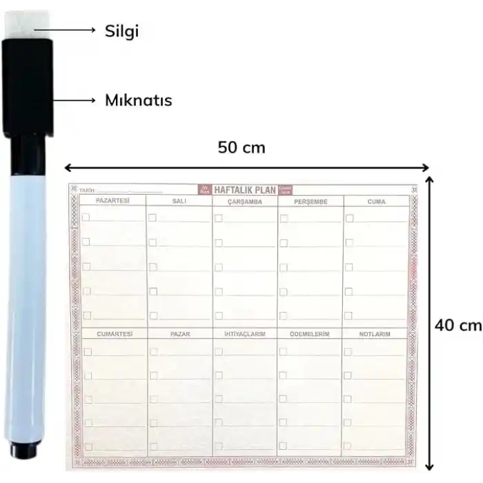 BUFFER® Şeffaf Kendiliğinden Yapışkanlı Kalemli Haftalık Planlayıcı 40cm-50cm