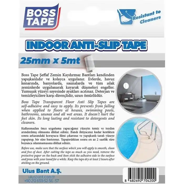 Boss Güvenli Yüzey Zemin Kaydirmaz Bant, 25 mm x 5 m, Seffaf