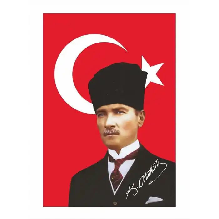 Lona Sanat Kalpaklı Atatürk Resmi, Atatürk Imzalı Türk Bayrağı 50X75Cm.
