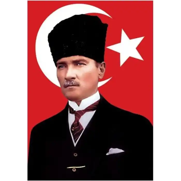 Lona Sanat Kalpaklı Atatürk Resmi, Atatürk Imzalı Türk Bayrağı 50X75Cm.