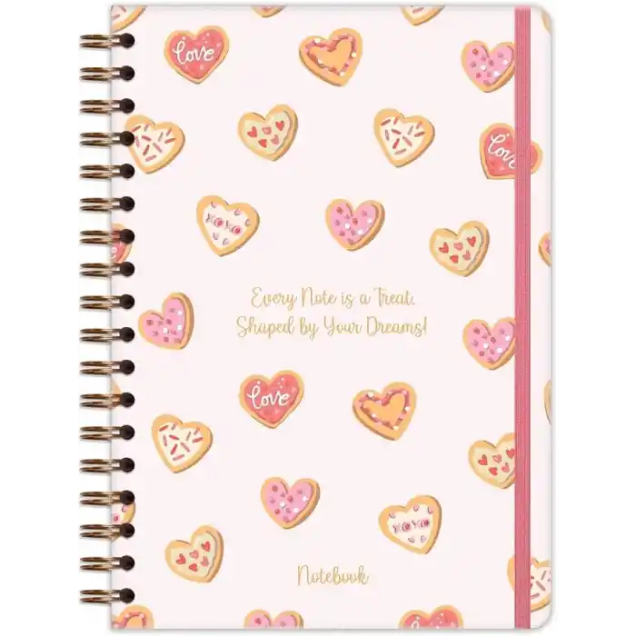 Matt Notebook B5 17x24 cm Spiralli Lastikli Kareli Tarihsiz Not Defteri Kalp Kurabiyeler