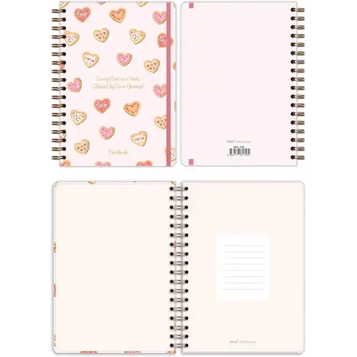 Matt Notebook B5 17x24 cm Spiralli Lastikli Kareli Tarihsiz Not Defteri Kalp Kurabiyeler