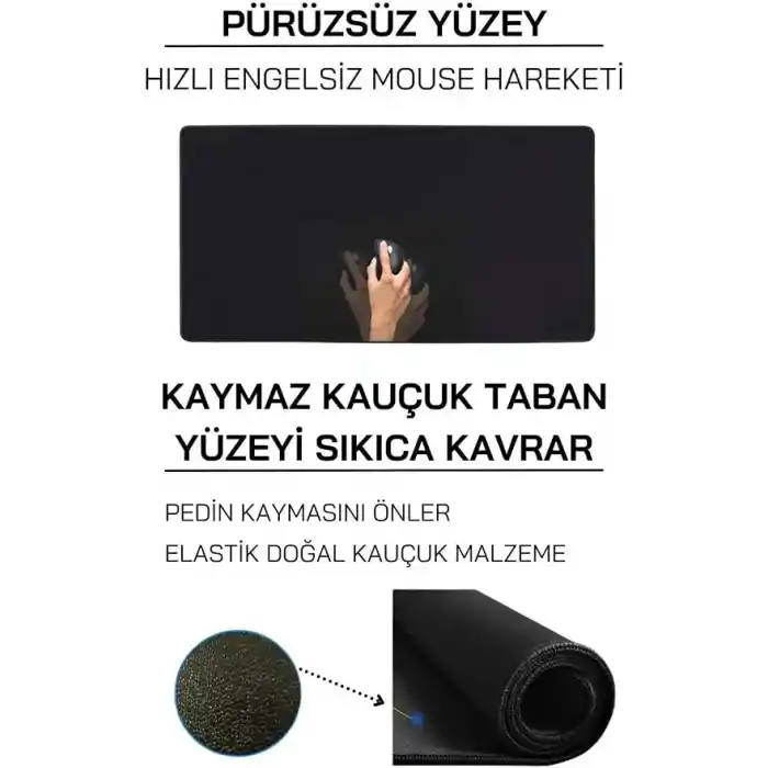 XL Oyuncu Mousepad 70x30 cm – Kaymaz Tabanlı, Kenar Dikişli, Hassas ve Dayanıklı Gaming Mouse Pad – Siyah