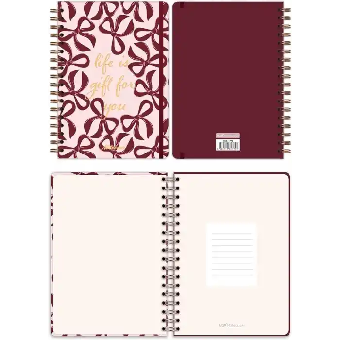 Matt Notebook B5 17x24 cm Spiralli Lastikli Düz, Çizgisiz Tarihsiz Not Defteri Fiyonklar