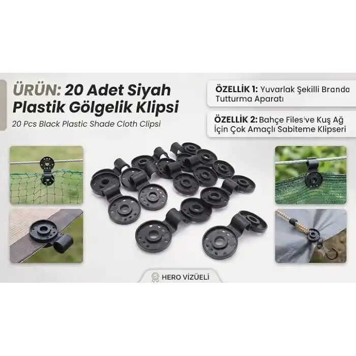 20 Adet Siyah Plastik Gölgelik Klipsi, Yuvarlak Şekilli Branda Tutturma Aparatı, Bahçe Filesi ve Kuş Ağı İçin Çok Amaçlı Sabitleme Klipsleri
