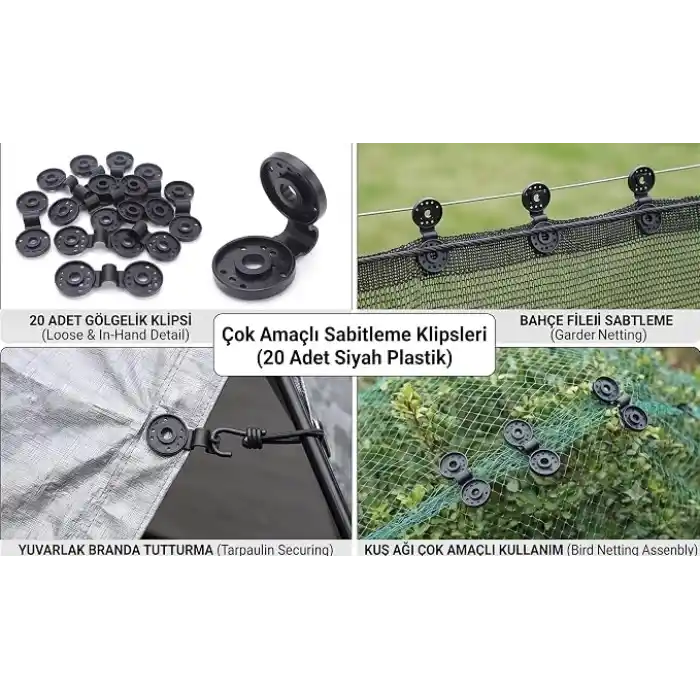 20 Adet Siyah Plastik Gölgelik Klipsi, Yuvarlak Şekilli Branda Tutturma Aparatı, Bahçe Filesi ve Kuş Ağı İçin Çok Amaçlı Sabitleme Klipsleri