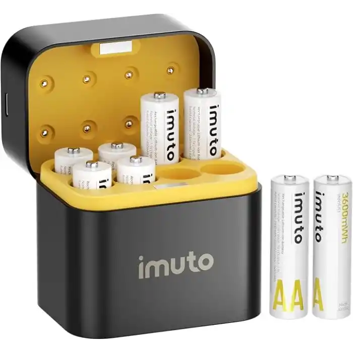 iMuto Şarj Edilebilir Lityum AA Piller, Hızlı Şarj Cihazı, 8 Paket 3600mAh Uzun Ömürlü Çift A Piller, 1.5V Sabit Çıkışlı AA Li-iyon Piller, 1600 Keze Kadar Şarj Edilebilir