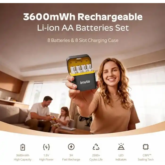 iMuto Şarj Edilebilir Lityum AA Piller, Hızlı Şarj Cihazı, 8 Paket 3600mAh Uzun Ömürlü Çift A Piller, 1.5V Sabit Çıkışlı AA Li-iyon Piller, 1600 Keze Kadar Şarj Edilebilir