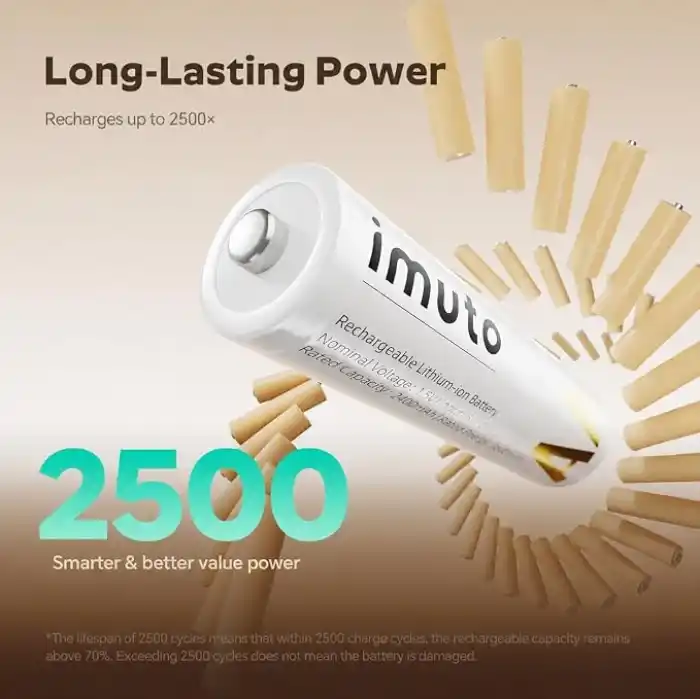iMuto Şarj Edilebilir Lityum AA Piller, Hızlı Şarj Cihazı, 8 Paket 3600mAh Uzun Ömürlü Çift A Piller, 1.5V Sabit Çıkışlı AA Li-iyon Piller, 1600 Keze Kadar Şarj Edilebilir