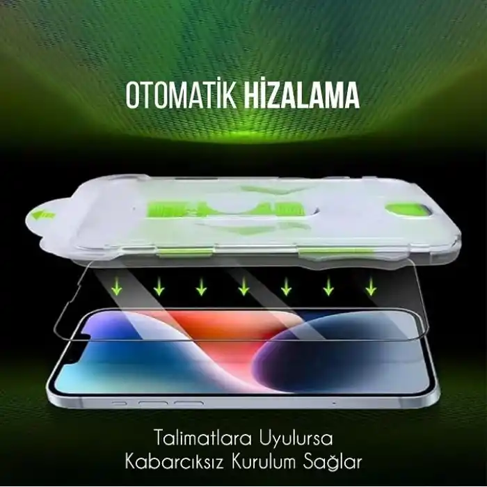 Babilden iPhone 16 Pro/17/17 Pro İle Uyumlu Ekran Koruyucu Hizalama Aparatlı Takılırken Camın Altında Kesinlikle Toz Bırakmayan Darbelere Karşı Ekstra Dayanıklı Temperli Kırılmaz Cam Koruma