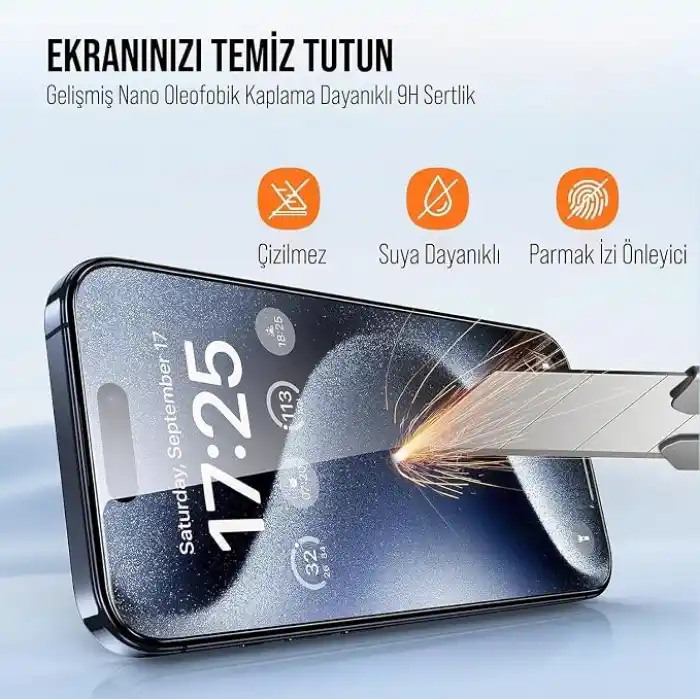 Babilden iPhone 16 Pro/17/17 Pro İle Uyumlu Ekran Koruyucu Hizalama Aparatlı Takılırken Camın Altında Kesinlikle Toz Bırakmayan Darbelere Karşı Ekstra Dayanıklı Temperli Kırılmaz Cam Koruma