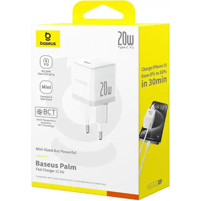 Baseus 20W Hızlı Şarj Cihazı, Palm 1C USB-C Duvar Adaptörü, BCT Soğutma Teknolojisi ve Akıllı Çip Koruması, Kompakt Şarj Başlığı, Beyaz