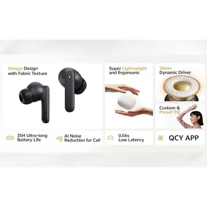 QCY Buds Bluetooth Kulaklık - Şık Tasarım - iPX4-35 Saat Ultra Uzun Pil Ömrü - Düşük Gecikme 0.06s -AI Beyaz