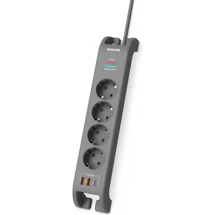 PHILIPS SPN4140GA/62, 4 Soket, Akım Korumalı Priz, 2400 Joules, 2Mt Kablo, 1xUsb-C PD 20W Hızlı Şarj, 2xUsb-A QC 18W, (Gri)