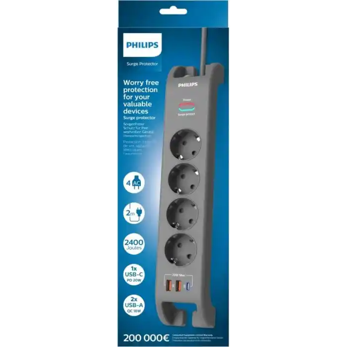 PHILIPS SPN4140GA/62, 4 Soket, Akım Korumalı Priz, 2400 Joules, 2Mt Kablo, 1xUsb-C PD 20W Hızlı Şarj, 2xUsb-A QC 18W, (Gri)