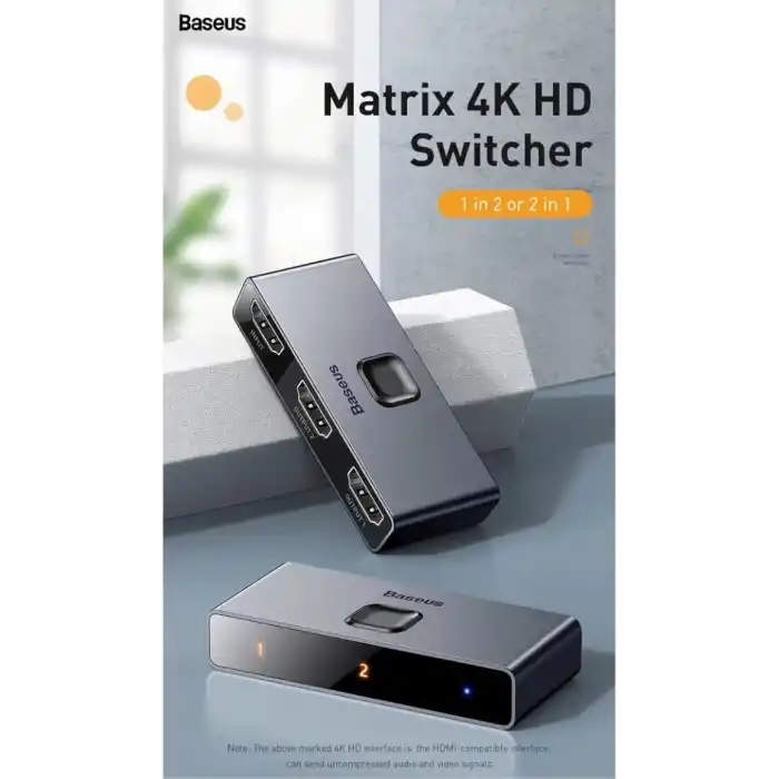 Baseus Matrix 2 in 1 Çok Fonksiyonlu Bilgisayar/Telefon HDMI Hub Adaptörü, Koyu Gri, HDMI Giriş Çıkış 4K & ARC, 4K 60 Hz Destekli, Seyahat Boy