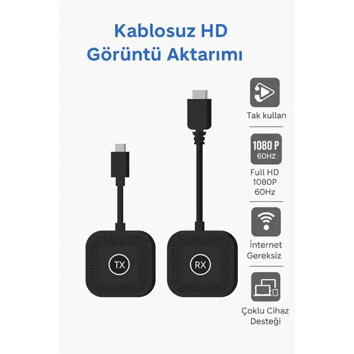Coverzone Kablosuz HD Görüntü Aktarıcı Seti USB-C TX RX | 1080P 60Hz Tak Çalıştır | Bilgisayar TV Bağlantı Kiti | İnternetsiz Ekran Yansıtma - S1 Type C