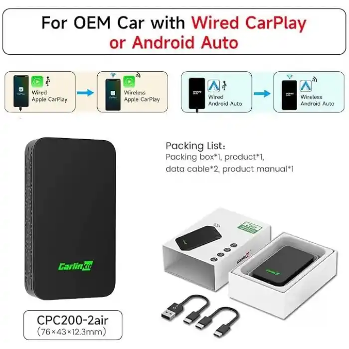 Carlinkit 5.0 CarPlay ve Android Auto Carplay ve Android Autolu otomobiller için kablosuz adaptör (üretim yılı: 2017-2023), sesli asistan, navigasyon, müzik