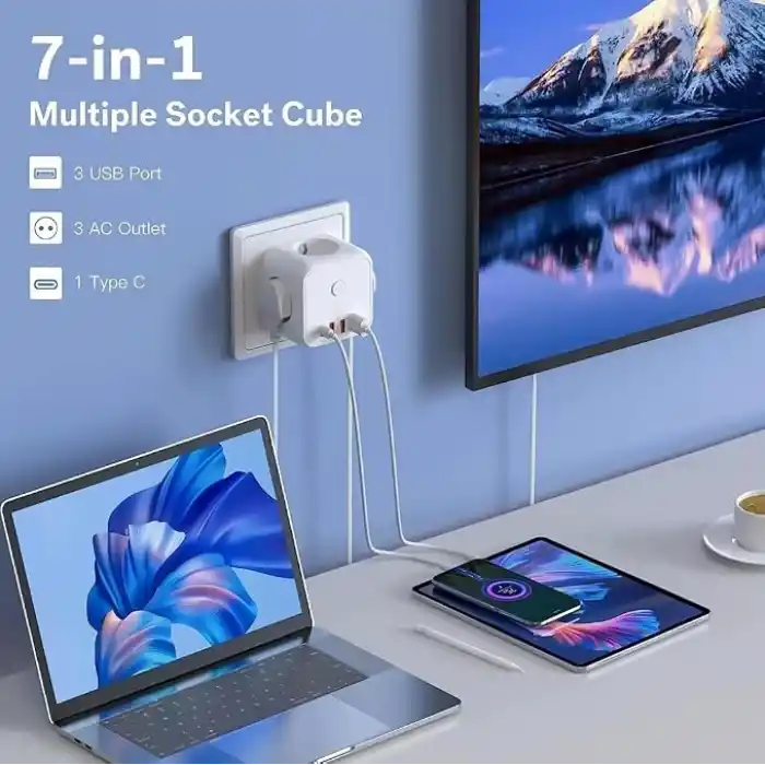 3 Ac Priz Soketli 3 USB+TYPE-C Akım Korumalı, 7 in 1 Priz, 16A Maks, 4000W
