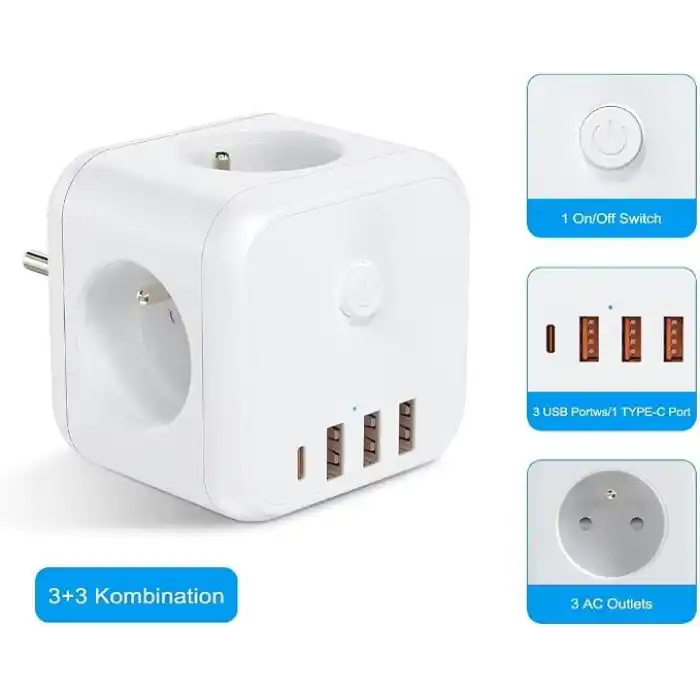 3 Ac Priz Soketli 3 USB+TYPE-C Akım Korumalı, 7 in 1 Priz, 16A Maks, 4000W