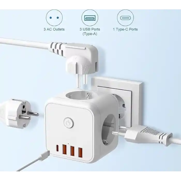 3 Ac Priz Soketli 3 USB+TYPE-C Akım Korumalı, 7 in 1 Priz, 16A Maks, 4000W