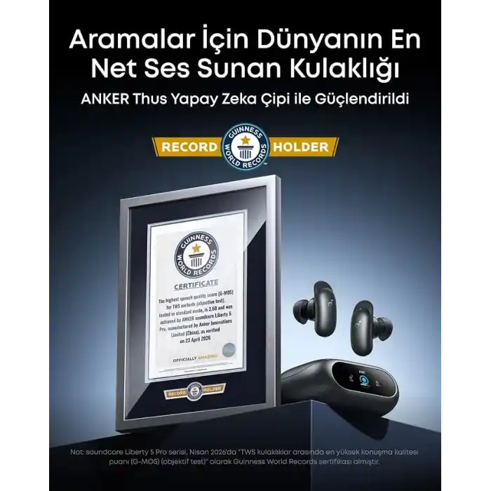 Soundcore Liberty 5 Pro, Yapay Zeka Destekli Hibrit Gürültü Engelleme, LDAC, Hi-Res Audio, IP55, Siyah - D1203