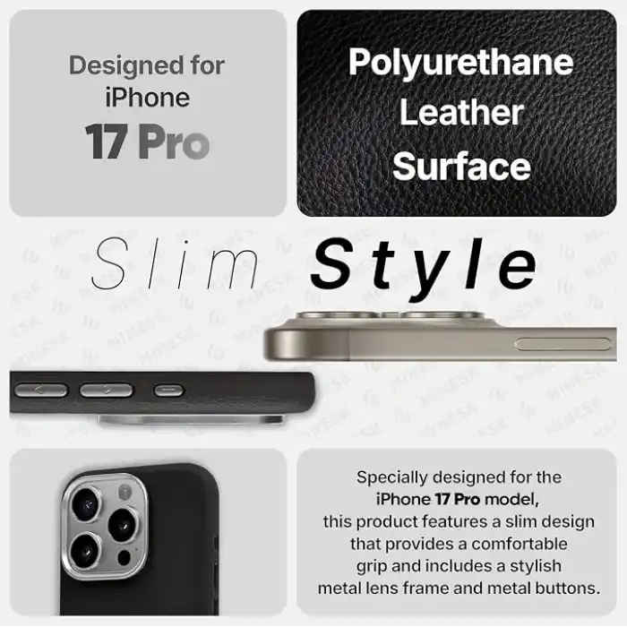 Minesk iPhone 17 Pro / 18 Pro için MagSafe ile Uyumlu Çizilmeyen ve Parmak İzi Tutmayan Deri Görünümlü Metal Tuşlu ve Metal Lens Çerçeveli Hybrid Silikon Kılıf (Siyah, 17 Pro/18 Pro)
