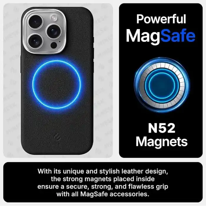 Minesk iPhone 17 Pro / 18 Pro için MagSafe ile Uyumlu Çizilmeyen ve Parmak İzi Tutmayan Deri Görünümlü Metal Tuşlu ve Metal Lens Çerçeveli Hybrid Silikon Kılıf (Siyah, 17 Pro/18 Pro)