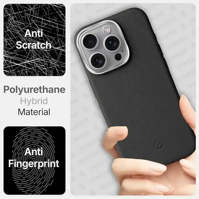 Minesk iPhone 17 Pro / 18 Pro için MagSafe ile Uyumlu Çizilmeyen ve Parmak İzi Tutmayan Deri Görünümlü Metal Tuşlu ve Metal Lens Çerçeveli Hybrid Silikon Kılıf (Siyah, 17 Pro/18 Pro)