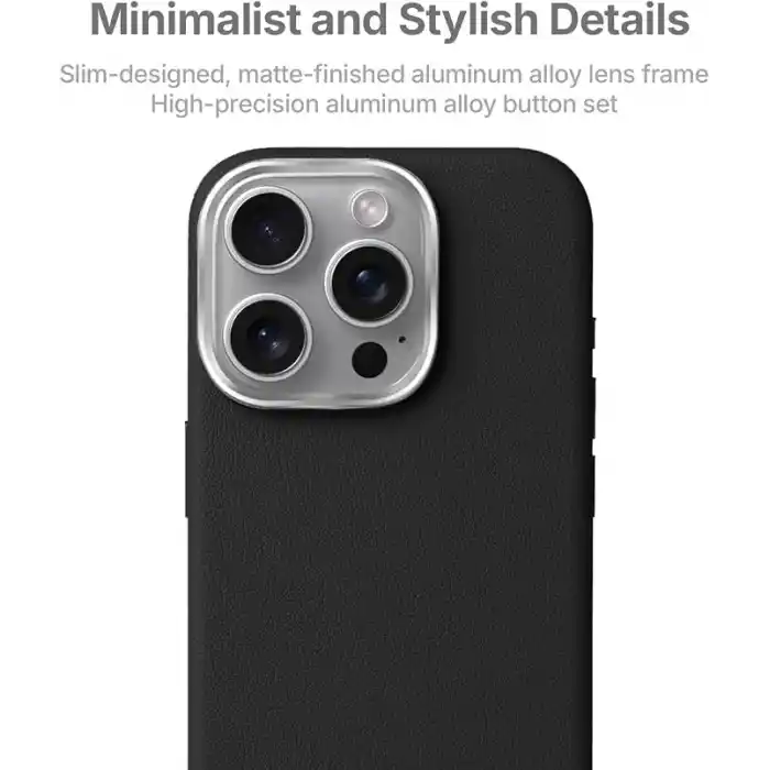Minesk iPhone 17 Pro / 18 Pro için MagSafe ile Uyumlu Çizilmeyen ve Parmak İzi Tutmayan Deri Görünümlü Metal Tuşlu ve Metal Lens Çerçeveli Hybrid Silikon Kılıf (Siyah, 17 Pro/18 Pro)