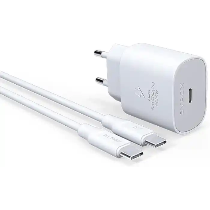 Syrox PD25T Q3.0 Pd 25W Type-C To Type-C Hızlı Şarj Aleti Set Beyaz