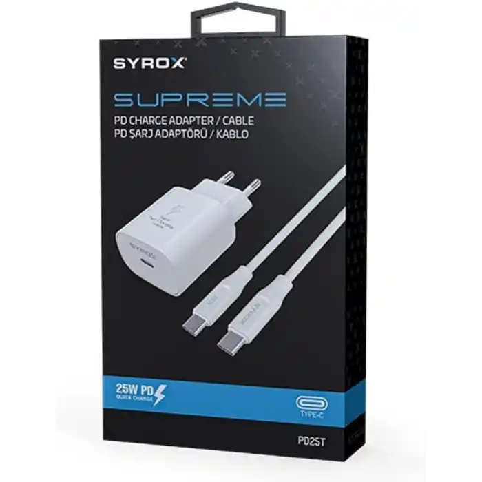 Syrox PD25T Q3.0 Pd 25W Type-C To Type-C Hızlı Şarj Aleti Set Beyaz