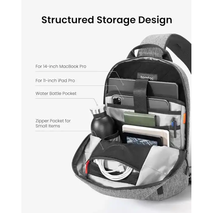 tomtoc Erkekler için Sling/Crossbody Çanta, 11–14 İnç Laptop, iPad ve Nintendo Switch 2 Uyumlu, Suya Dayanıklı, Göğüs/Omuz ve Günlük/Outdoor Sırt Çantası