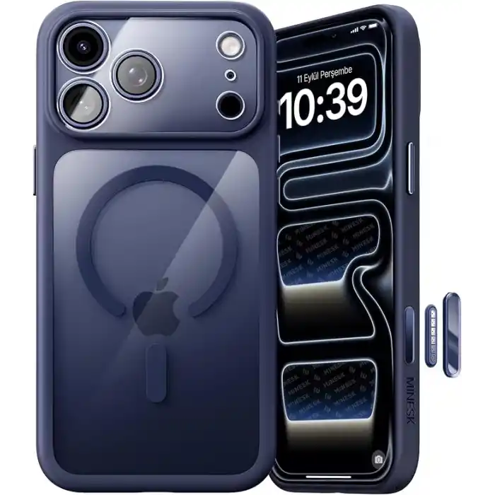 Minesk iPhone 17 Pro / 18 Pro için Özel Geliştirilmiş Kamera Çerçevesini de Koruyan, Arkası Şeffaf Polikarbonat Kenarları Silikon Magsafe ile Uyumlu Kılıf Akıllı Tasarım Kapak (Mavi, 17 Pro/18 Pro)