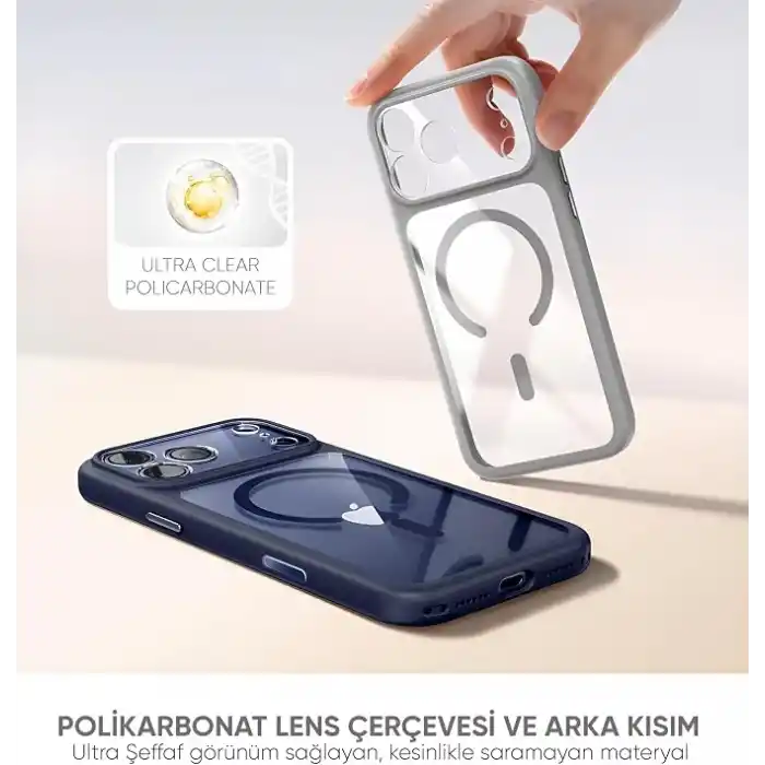 Minesk iPhone 17 Pro / 18 Pro için Özel Geliştirilmiş Kamera Çerçevesini de Koruyan, Arkası Şeffaf Polikarbonat Kenarları Silikon Magsafe ile Uyumlu Kılıf Akıllı Tasarım Kapak (Mavi, 17 Pro/18 Pro)