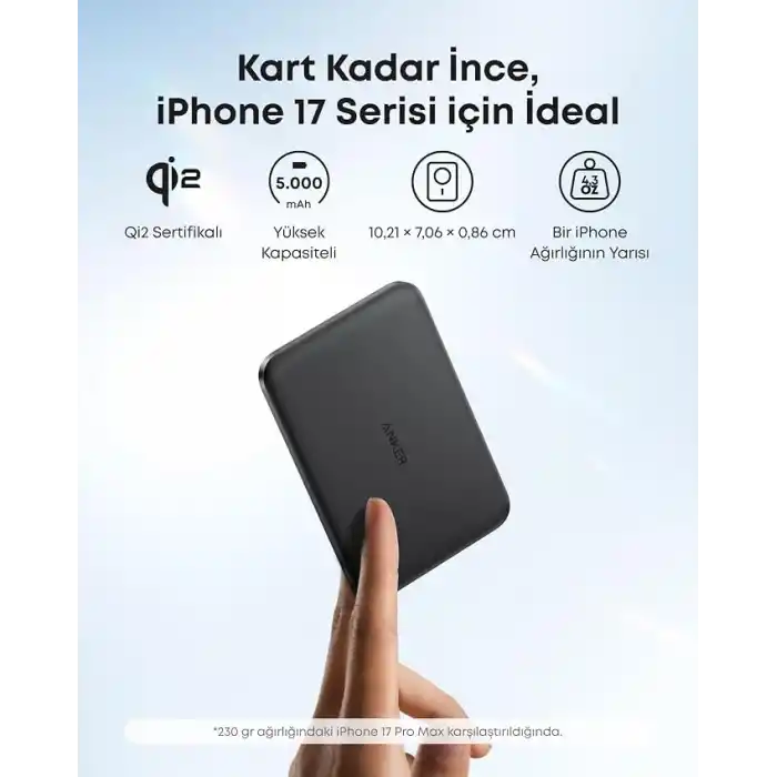 Anker Nano 5.000 mAh MagSafe Powerbank, Ultra İnce Manyetik Taşınabilir Şarj Cihazı, Qi2 Sertifikalı 15W, MagSafe Uyumlu, Ergonomik Tasarım, Siyah - A1665