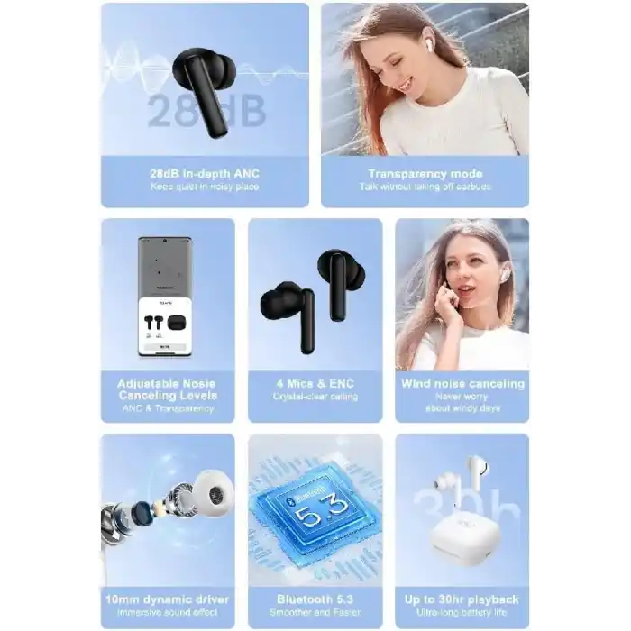 QCY T13 Anc 4 Mikrofon Bluetooth 5.3 Kablosuz Kulaklık Siyah Aktif Gürültü Engelleyici