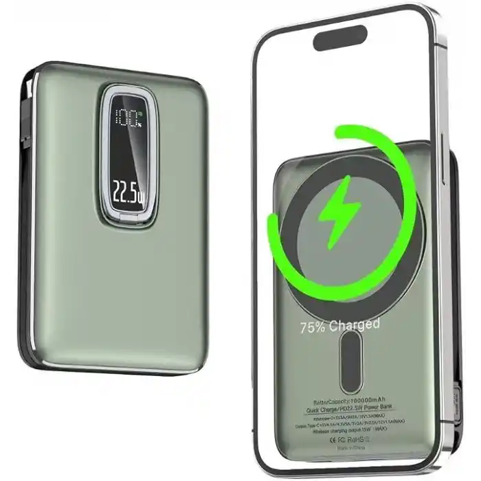 Magnetic Power Bank 10000 mAh Kablosuz Hızlı Şarj MagSafe Uyumlu LED Ekranlı, 22.5W PD QC Taşınabilir Şarj Cihazı, Standlı, Type-C USB Powerbank Güç Kaynağı YEŞİL