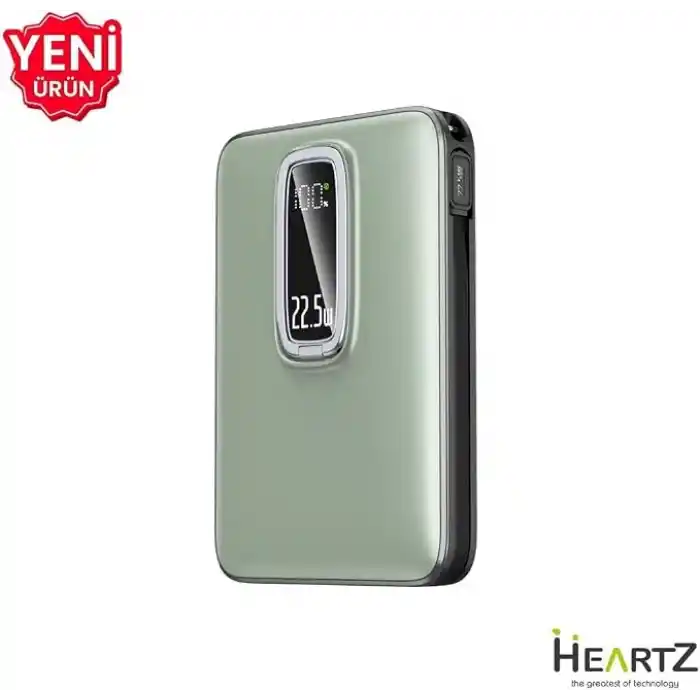 Magnetic Power Bank 10000 mAh Kablosuz Hızlı Şarj MagSafe Uyumlu LED Ekranlı, 22.5W PD QC Taşınabilir Şarj Cihazı, Standlı, Type-C USB Powerbank Güç Kaynağı YEŞİL