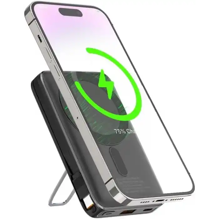Magnetic Power Bank 10000 mAh Kablosuz Hızlı Şarj MagSafe Uyumlu LED Ekranlı, 22.5W PD QC Taşınabilir Şarj Cihazı, Standlı, Type-C USB Powerbank Güç Kaynağı YEŞİL