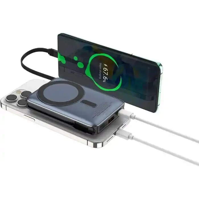 Magnetic Power Bank 10000 mAh Kablosuz Hızlı Şarj MagSafe Uyumlu LED Ekranlı, 22.5W PD QC Taşınabilir Şarj Cihazı, Standlı, Type-C USB Powerbank Güç Kaynağı YEŞİL