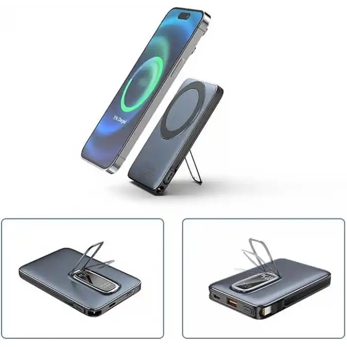 Magnetic Power Bank 10000 mAh Kablosuz Hızlı Şarj MagSafe Uyumlu LED Ekranlı, 22.5W PD QC Taşınabilir Şarj Cihazı, Standlı, Type-C USB Powerbank Güç Kaynağı YEŞİL