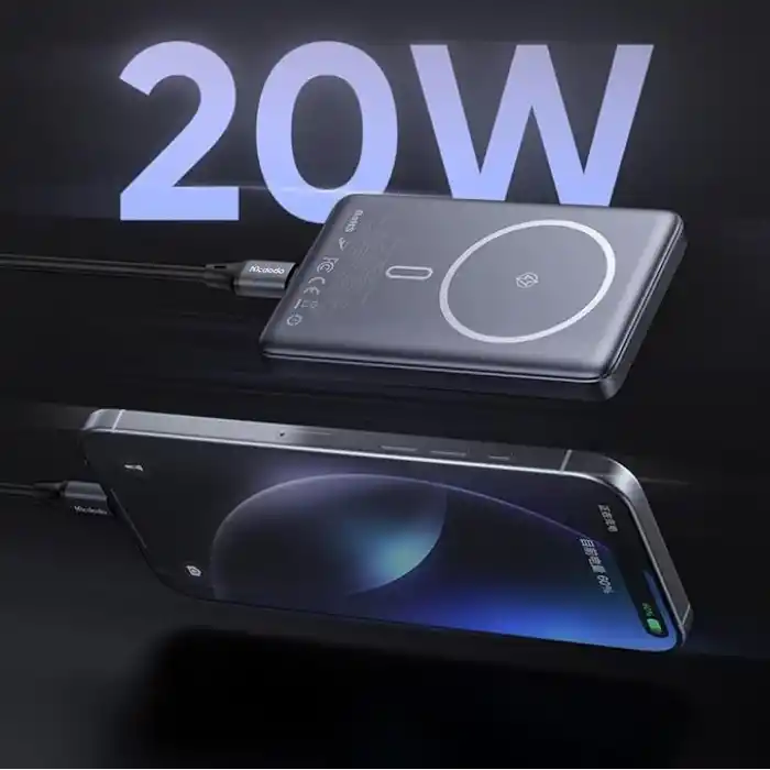Mcdodo MC-4651 10.000mAh 20W Metal Ultra İnce Manyetik Kablosuz - Powerbank Siyah